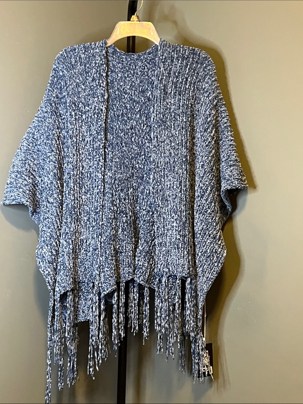 Fringed Navy Heather Knit Poncho - Cozy Layering Shrug